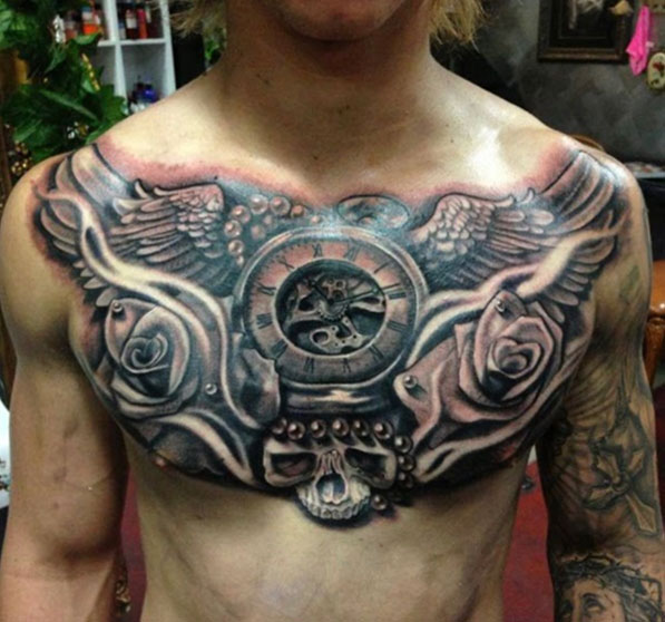 Black and grey chest tattoo piece
