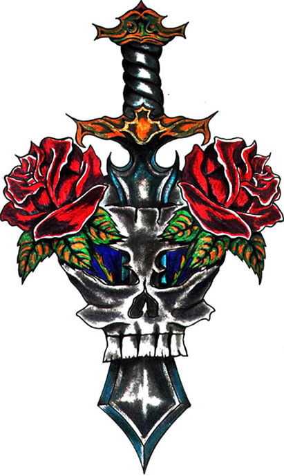 Skull tattoo flash with sword and roses coming out of eyes